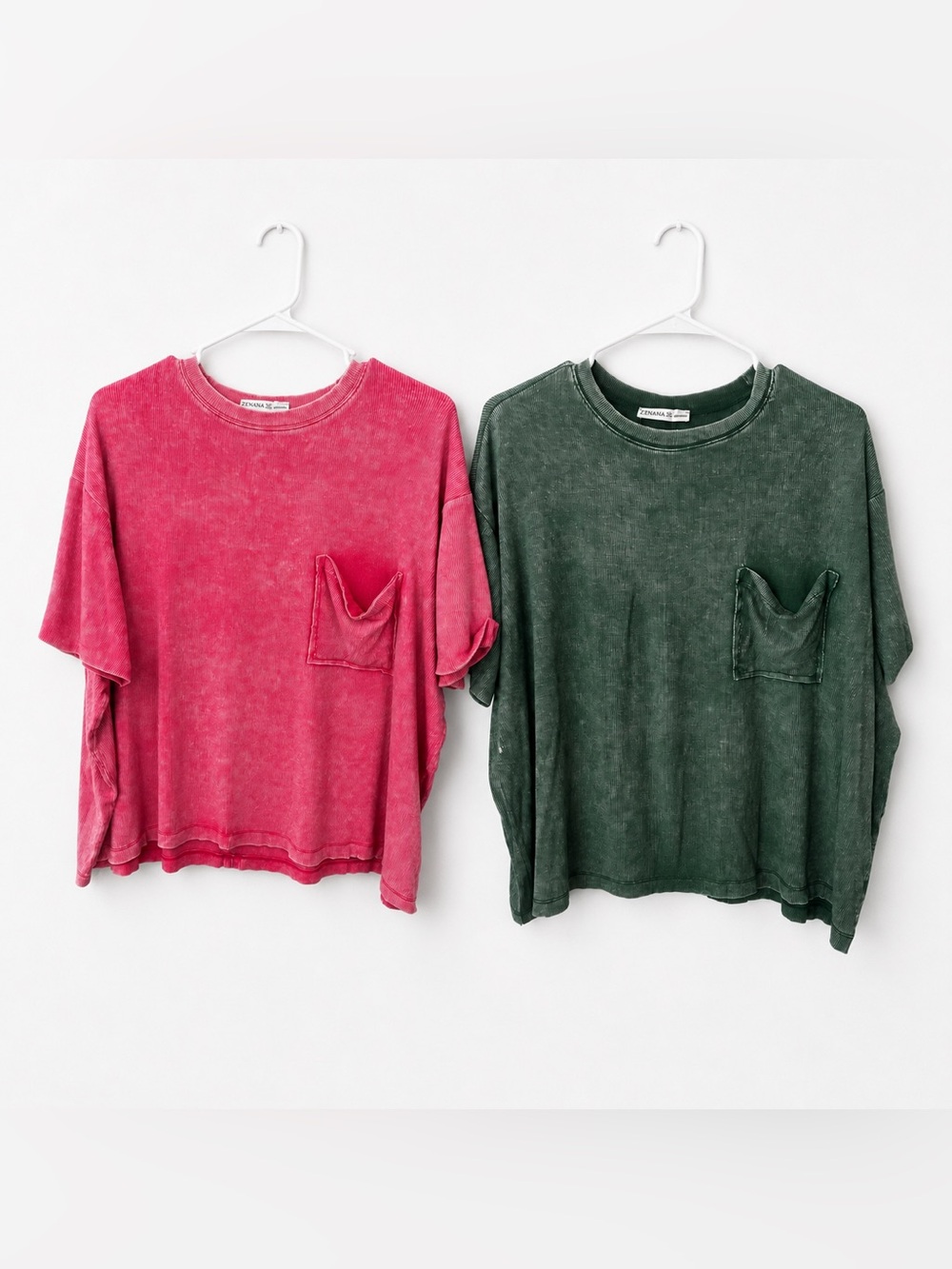 Two for $35! Never worn! Zenana Outfitters Ribbed Crew Neck Tee - Pink and Green